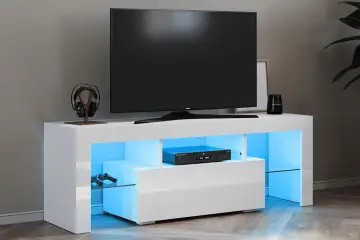 خزانة تلفاز سونّي بيضاء لامعة مع إضاءة LED وتصميم بدون مقابض، 130x35x45 سم، تناسب تلفزيونات حتى 65 إنش