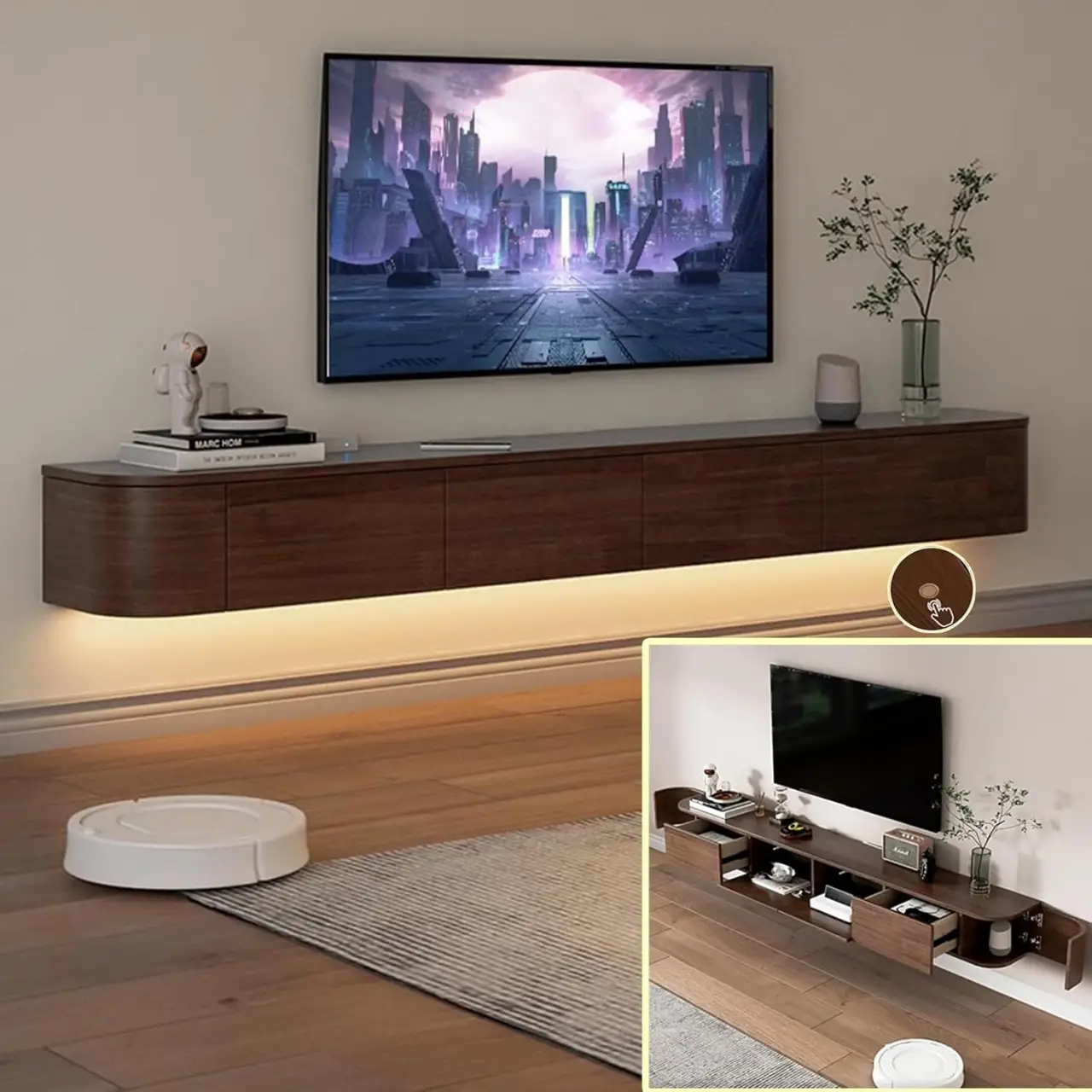 Flytande väggmonterad TV-bänk med dörr, massiv trä mediekonsol med stor förvaring och LED-belysning, 200x30x20cm brun