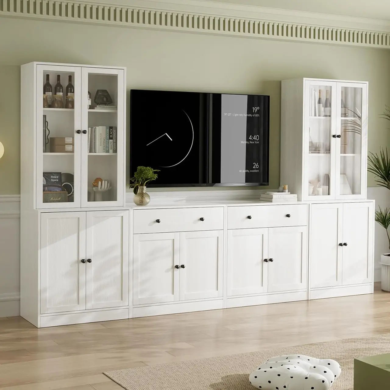 VOWNER 4 daļu liels TV skapis ar grāmatplauktiem TV līdz 70 collām, 280 cm garš TV plaukts ar rūdīta stikla durvīm un plauktiem