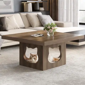 طاولة قهوة خشبية بلوط ريفية من HSH مع بيت قط وسادة وتخزين مخفي، 90x90x50 سم