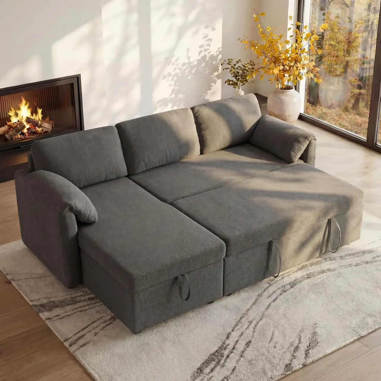 Kingfun 211 cm L-format hörnsoffa med sängfunktion, förvaringslåda, USB och avtagbara chenilleöverdrag