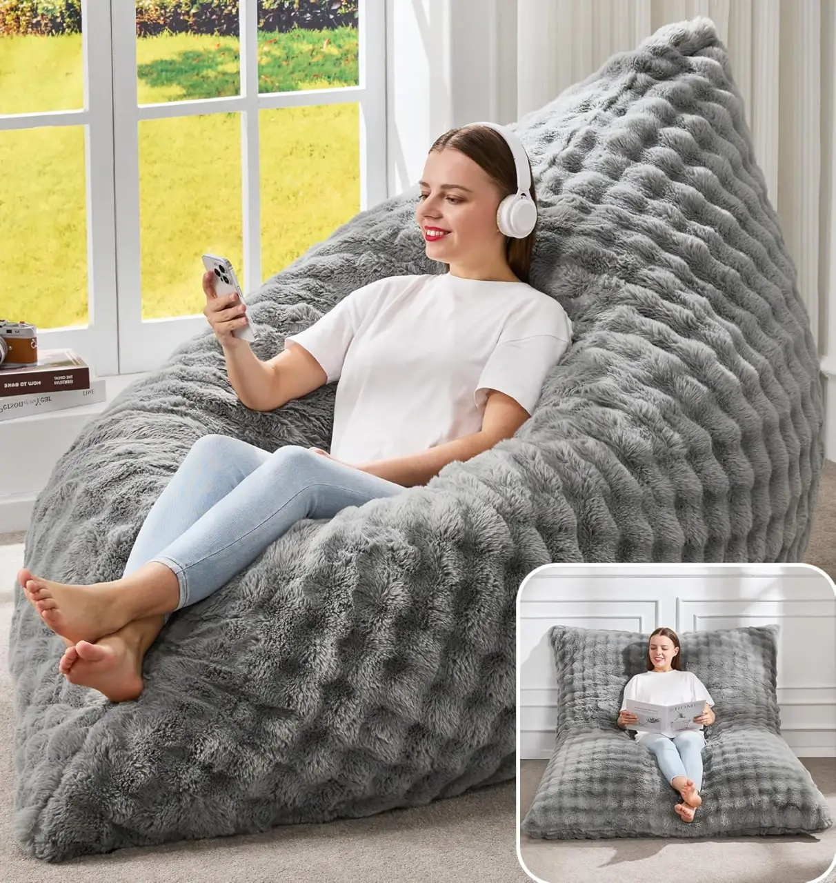 Hobestluk 3-in-1 Large Convertible Memory Foam Bean Bag Sofa with Removable Washable Cover, Grey