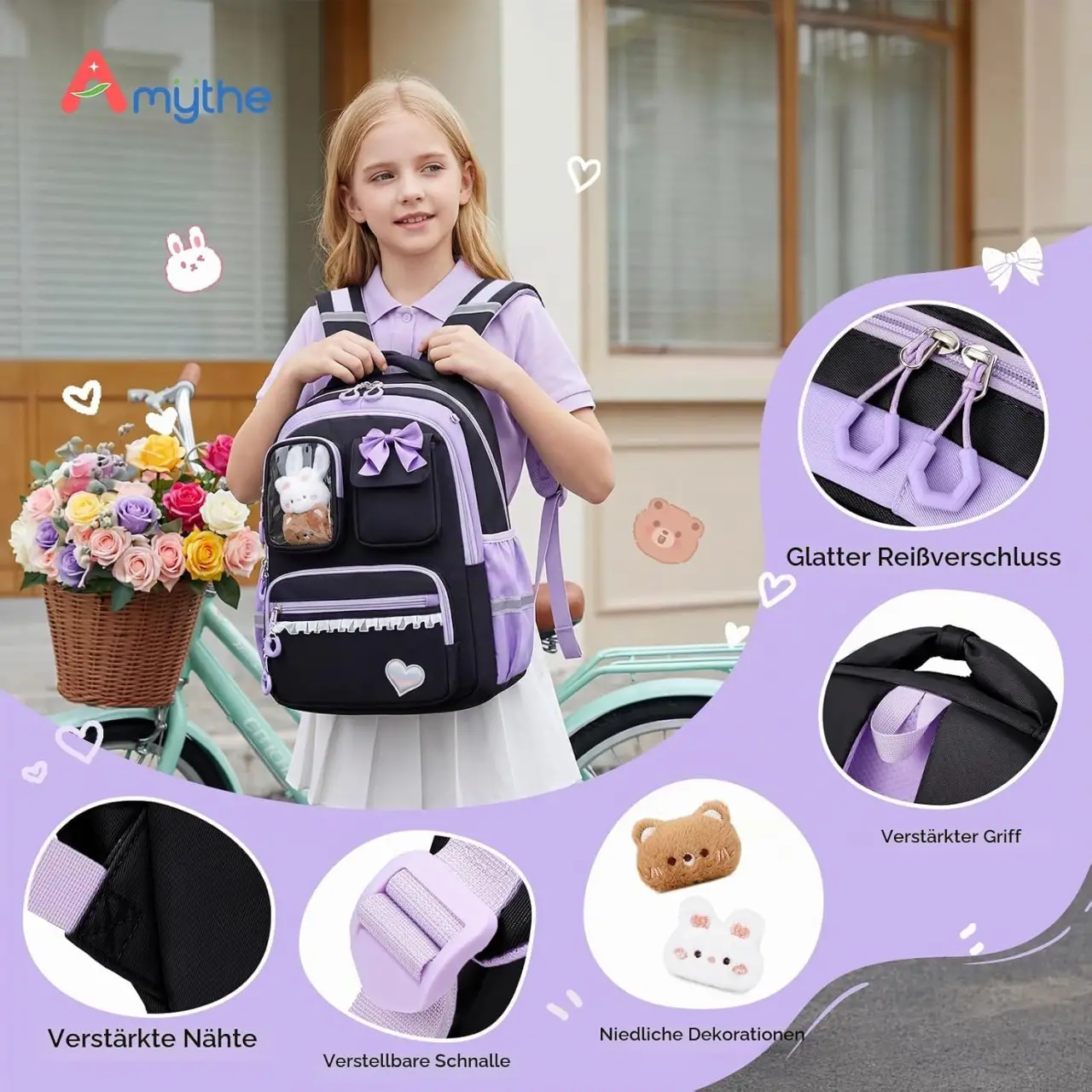 Amythe Girls School Backpack for 1st-5th Grade, 22L Breathable Nylon Bag with Reflective Strips, Black-Purple